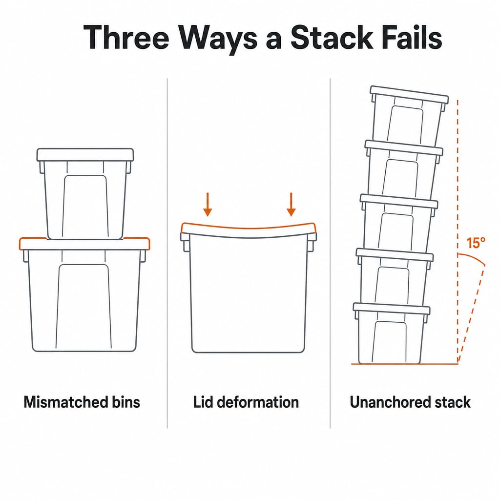 Three side-by-side illustrations of bin stack failure modes: mismatched bins with lid overhang, lid deformation under load, and a leaning tall stack without anchor