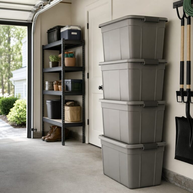 Tall stack of plastic storage totes in a residential garage with clear floor space and natural daylight