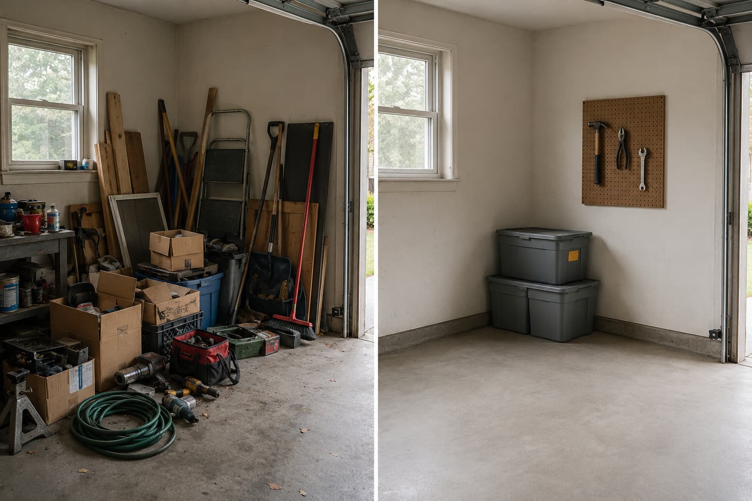 Before-and-after split image of a cluttered garage corner on the left and the same corner partially organized on the right, daylight