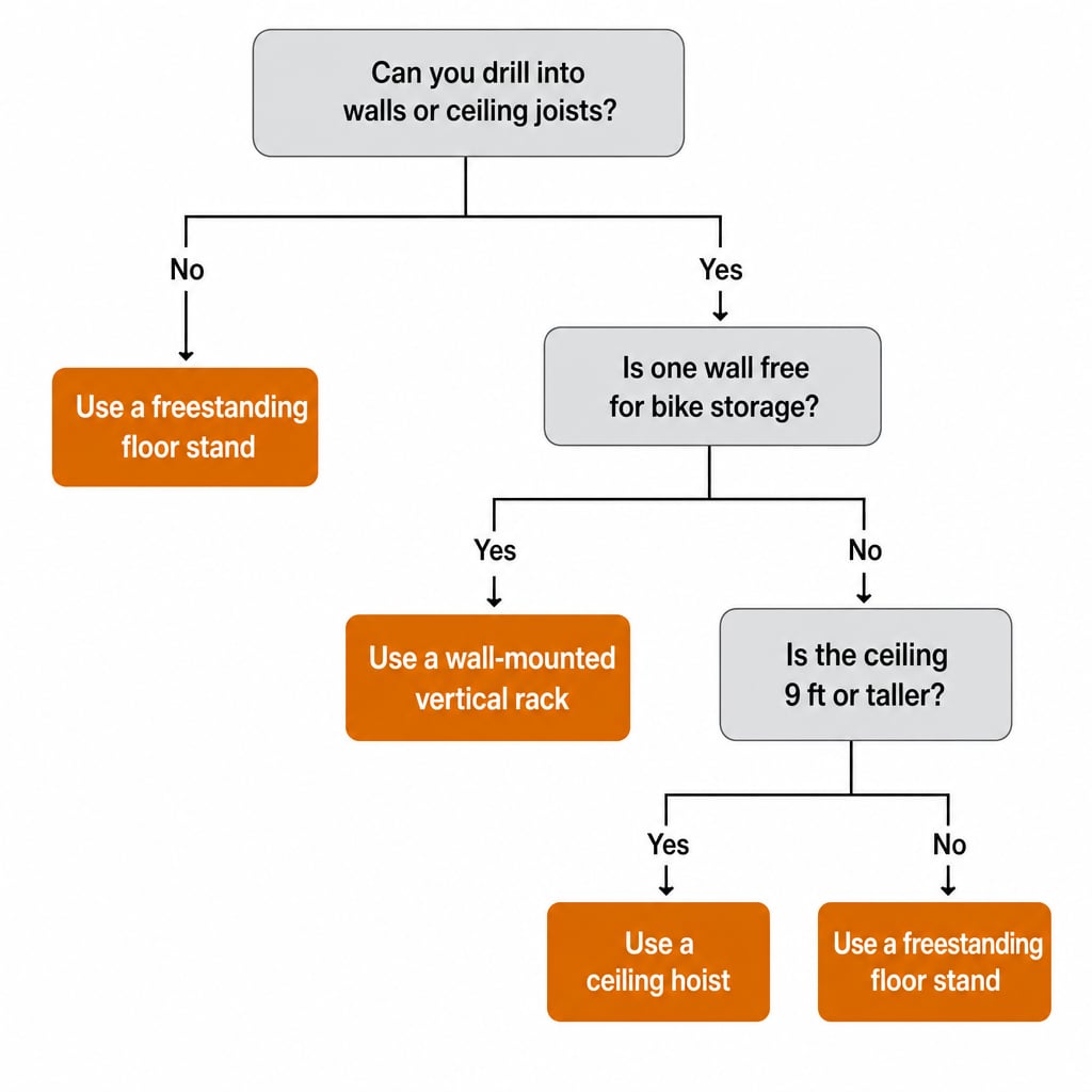 Decision tree for choosing between wall mount, ceiling hoist, and floor stand for garage bike storage based on drilling permission, wall space, and ceiling height
