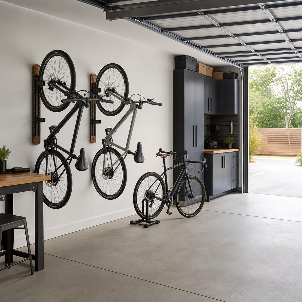Organized residential garage interior with two bicycles on wall mounts and a third on a freestanding floor stand, daylight, neutral palette