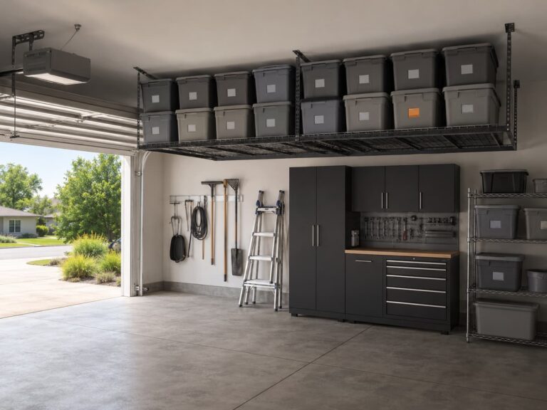 Organized residential garage with stacked seasonal storage bins on a ceiling-mounted overhead rack, daylight