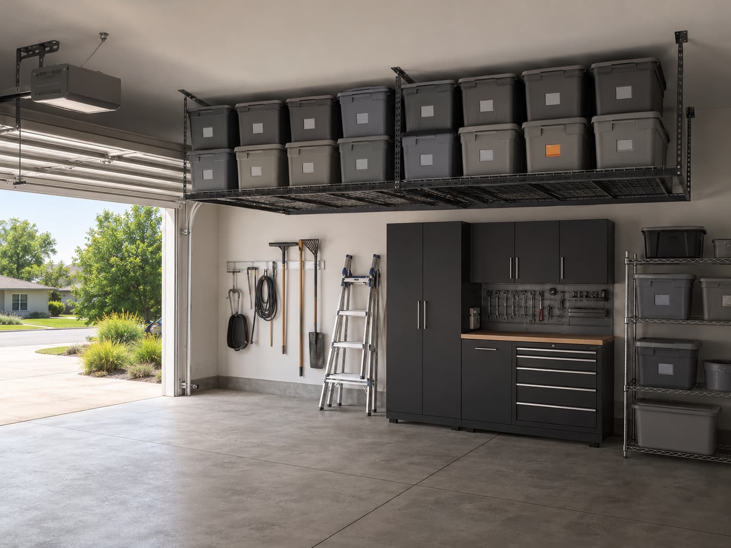 Organized residential garage with stacked seasonal storage bins on a ceiling-mounted overhead rack, daylight