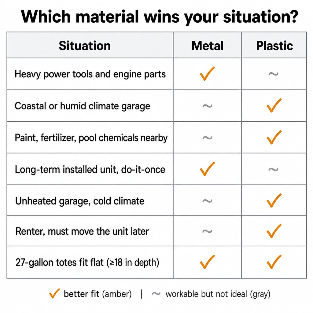 Decision matrix showing 7 garage situations and whether metal or plastic shelving wins for each, with humidity and weight-load as primary axes