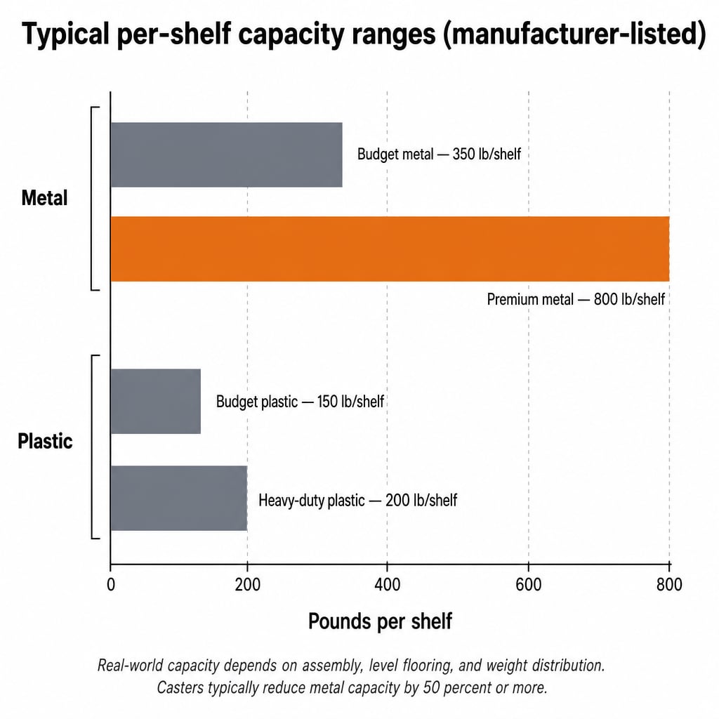 Bar chart comparing typical per-shelf capacity ranges of consumer-grade metal vs plastic garage shelving, 350 to 800 lb metal versus 150 to 200 lb plastic