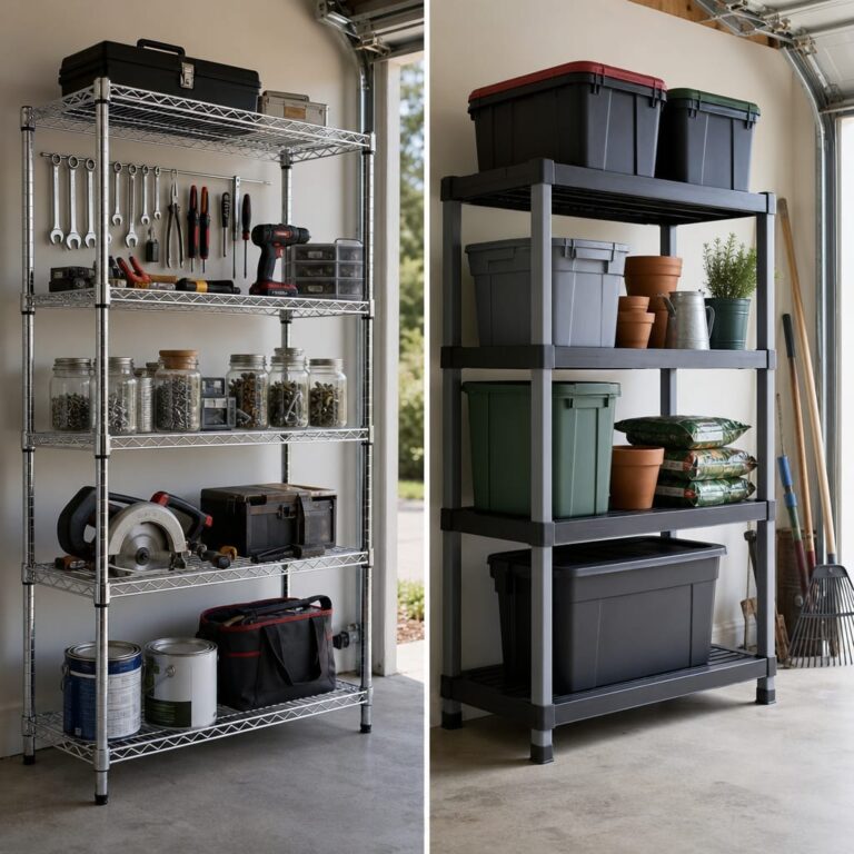Split-frame garage interior, left side metal wire shelving with tools, right side plastic shelving with bins, daylight