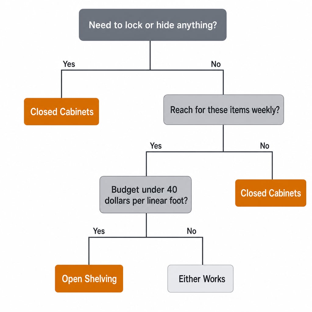 Decision tree for picking open shelving or closed cabinets in a garage based on lockability need, access frequency, and budget