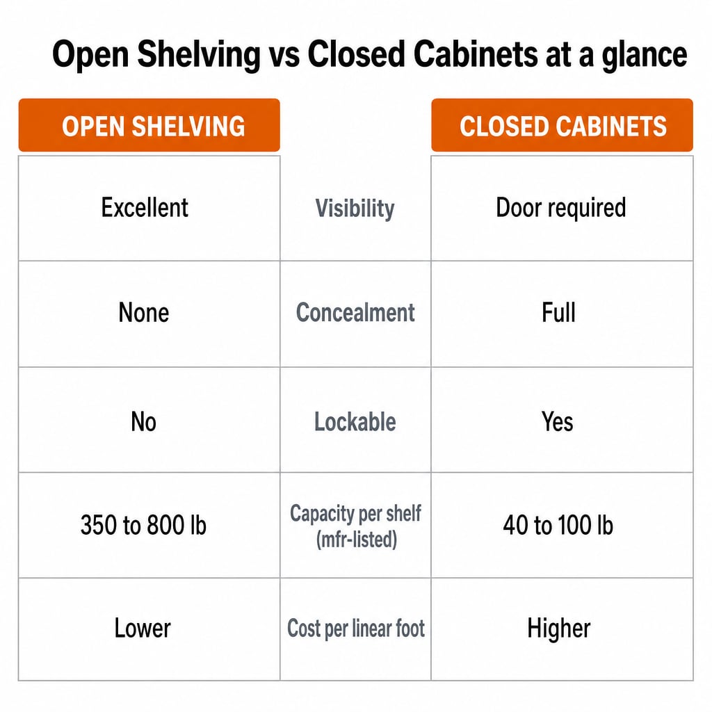 Side-by-side infographic comparing open shelving and closed cabinets across visibility, concealment, lockability, per-shelf capacity, and cost