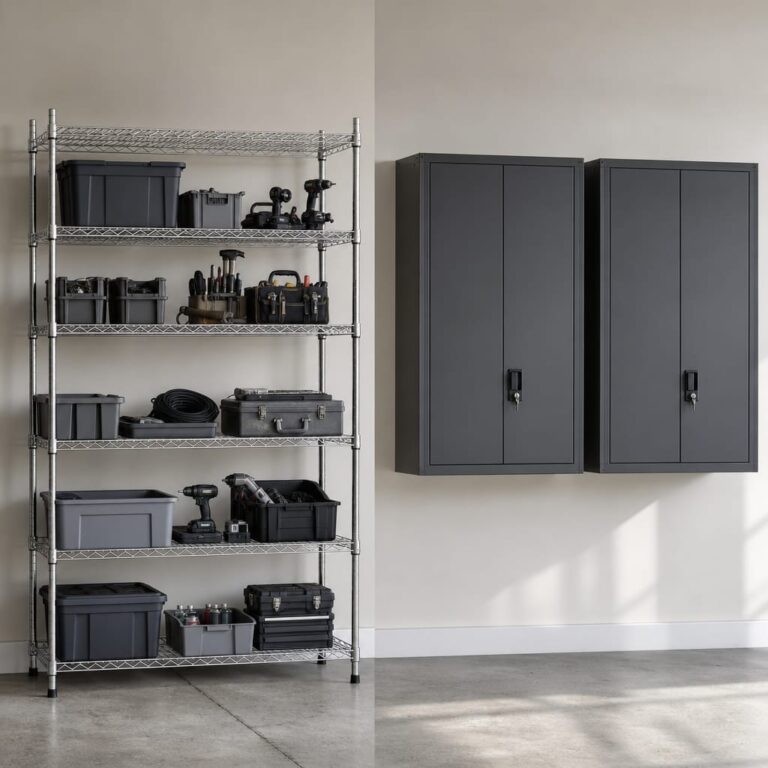 Split-frame editorial view of a garage wall — left side fitted with open wire shelving holding plastic bins, right side fitted with closed steel wall cabinets