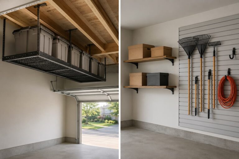 Split-frame garage interior showing a ceiling-mounted overhead storage rack on the left and wall-mounted shelving with a slatwall tool panel on the right
