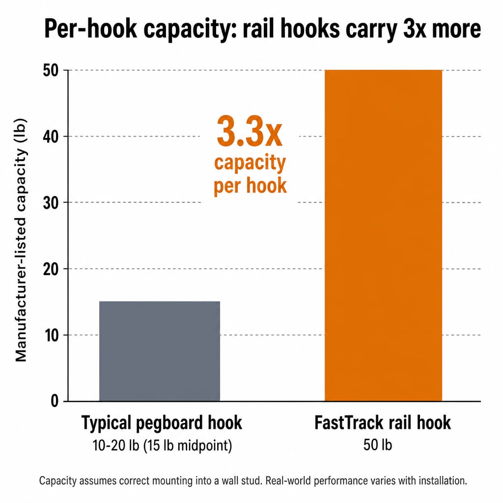 Bar chart comparing per-hook manufacturer-listed capacity: typical pegboard hook 10 to 20 lb on left, Rubbermaid FastTrack rail hook 50 lb on right.