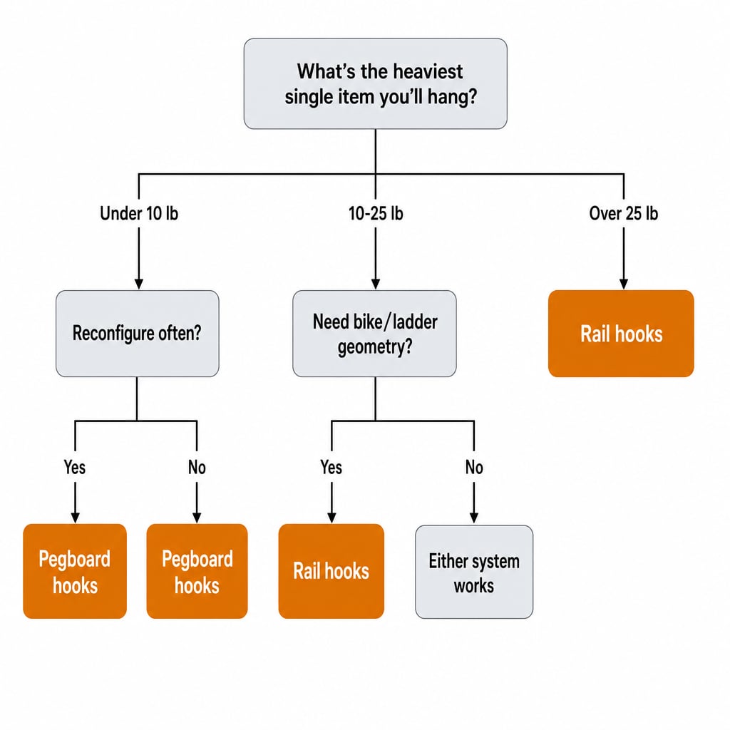 Decision tree: start with heaviest item, branch by under 10 lb to pegboard, 10 to 25 lb to either, over 25 lb to rail, with reconfiguration frequency as a second branch.