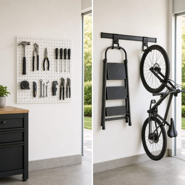 Split-frame editorial photo: pegboard panel with assorted hand-tool hooks on the left, FastTrack-style horizontal rail with ladder and bike hooks on the right.