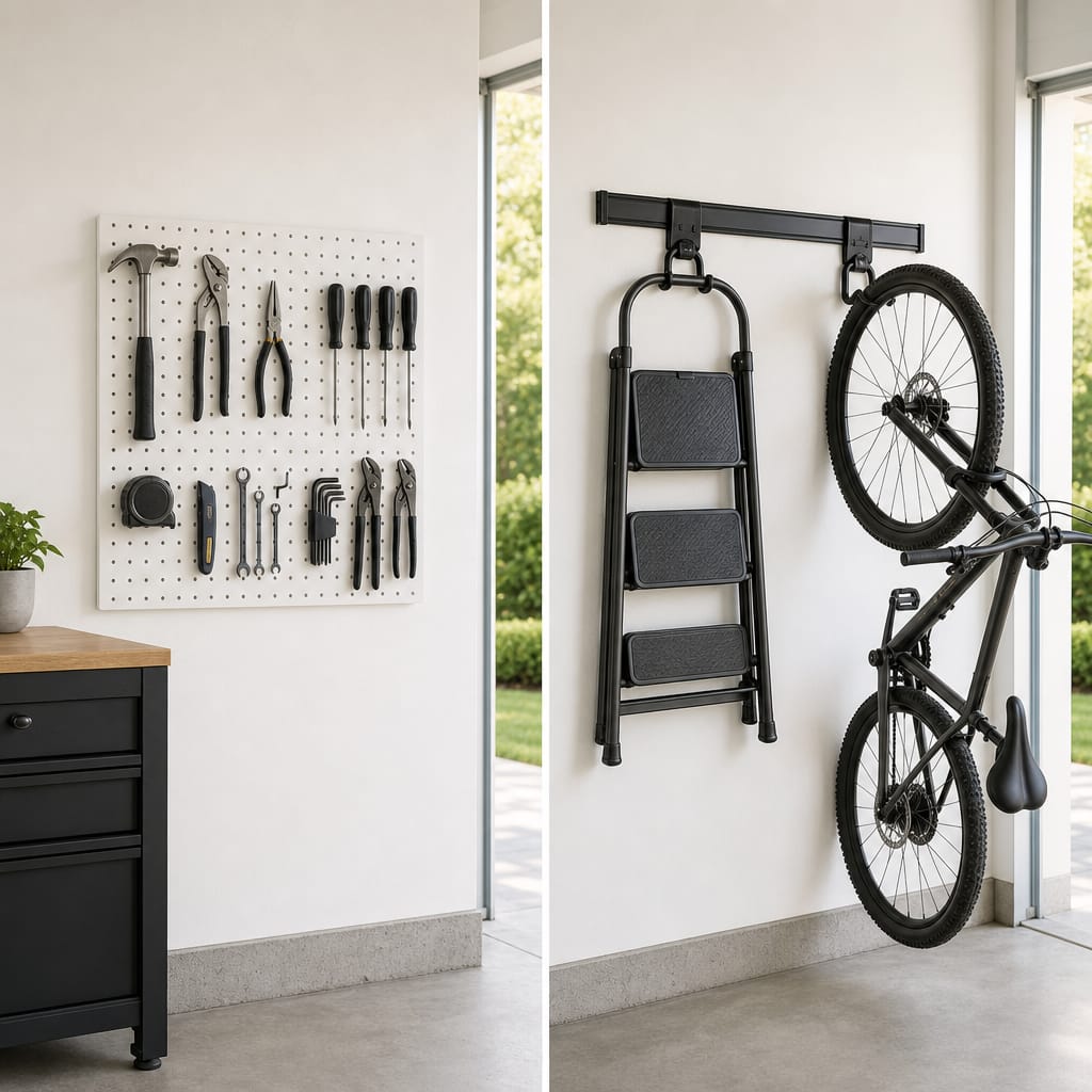 Split-frame editorial photo: pegboard panel with assorted hand-tool hooks on the left, FastTrack-style horizontal rail with ladder and bike hooks on the right.