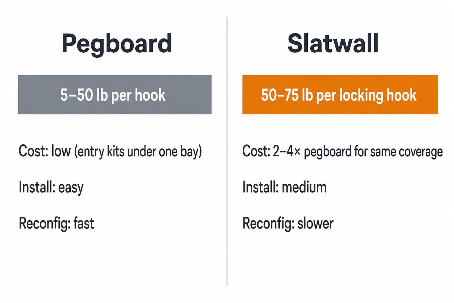 Side-by-side comparison: pegboard hook holds 5 to 50 lb, slatwall locking hook holds 50 to 75 lb