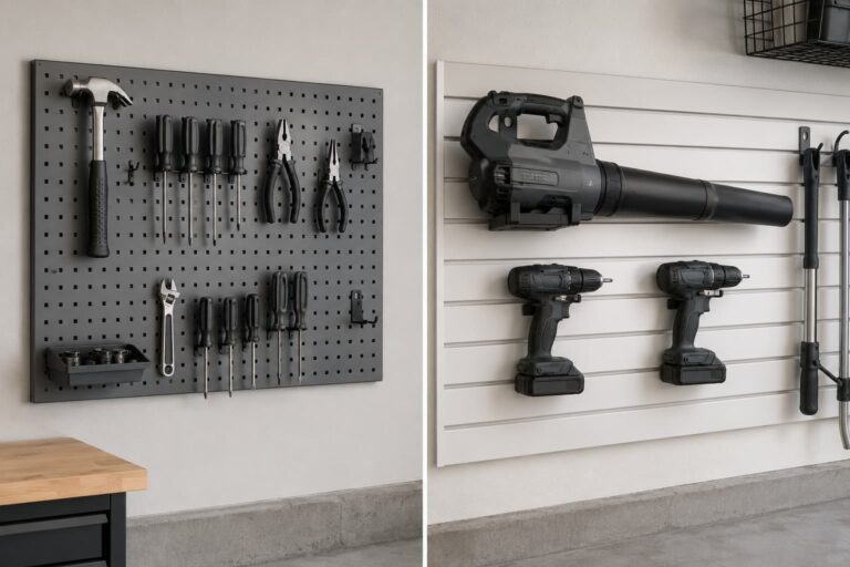 pegboard vs slatwall garage — split-frame view of metal pegboard and PVC slatwall in a residential garage