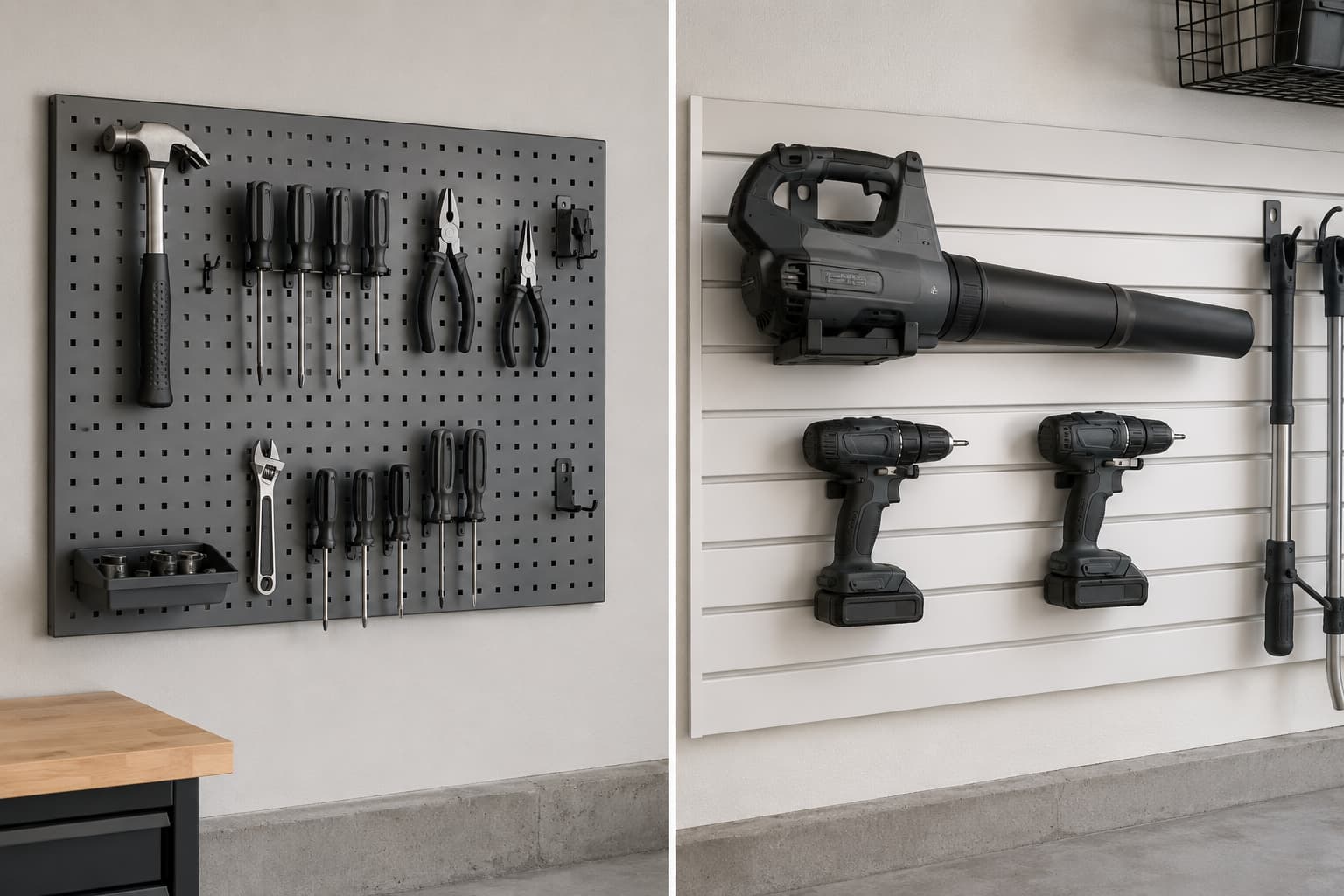 pegboard vs slatwall garage — split-frame view of metal pegboard and PVC slatwall in a residential garage