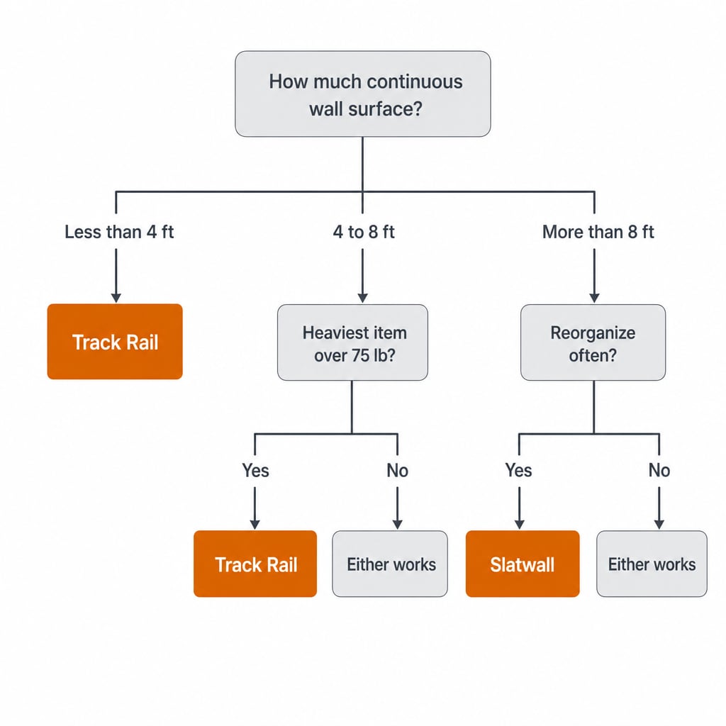 Decision tree for picking slatwall or track rail based on continuous wall surface, heaviest item, and reorganization frequency