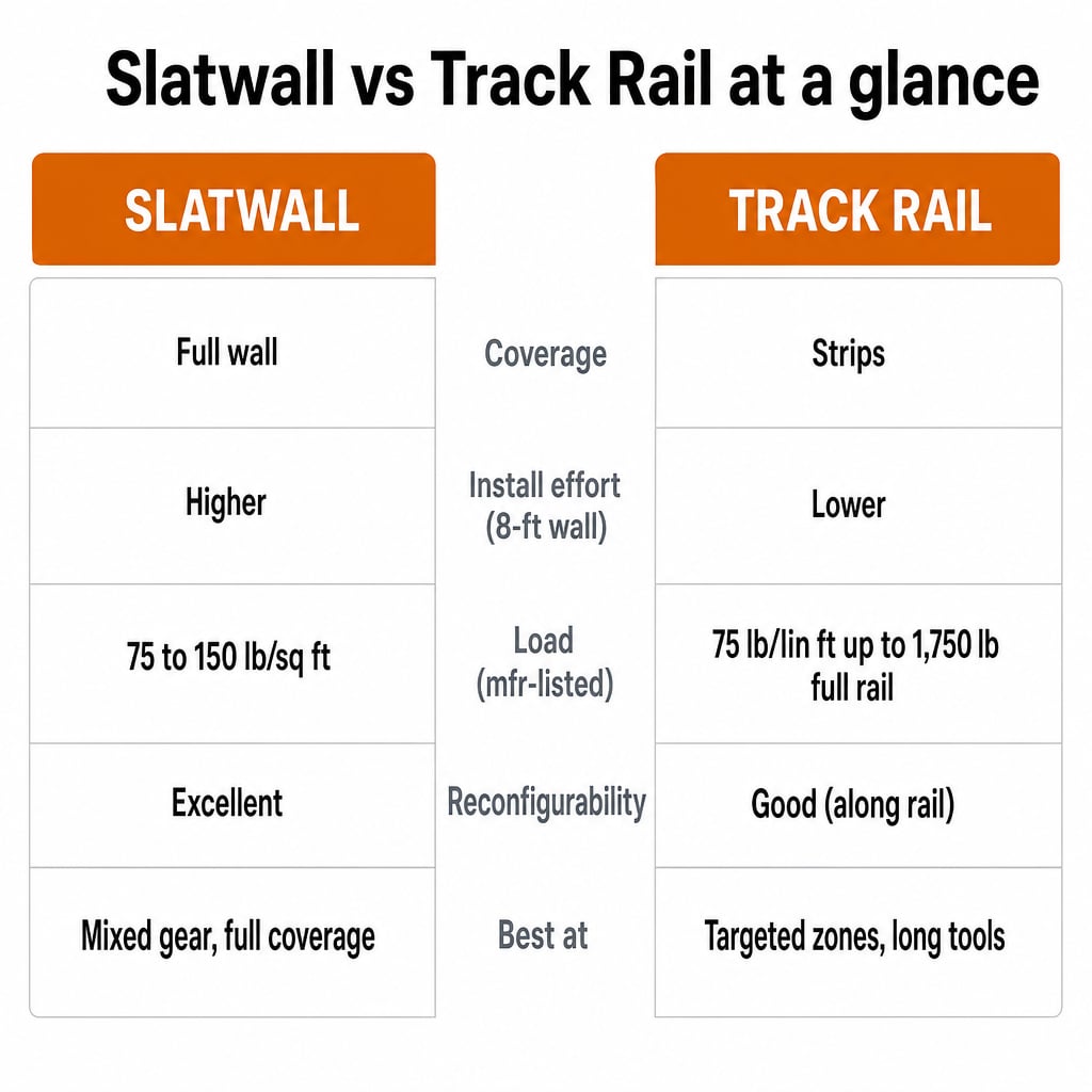 Side-by-side infographic comparing slatwall and track rail on coverage, install effort, load rating, and reconfigurability