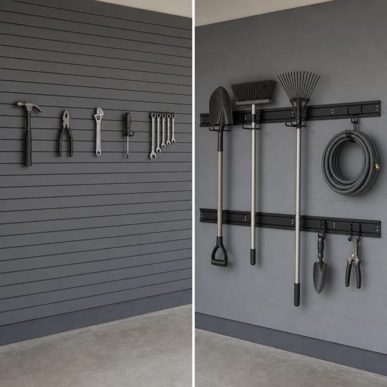Split-frame editorial view of a garage wall — left side fitted with slatwall panels, right side fitted with horizontal track-rail strips