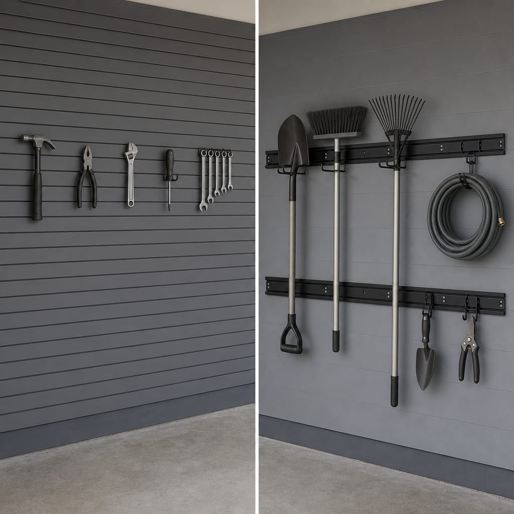Split-frame editorial view of a garage wall — left side fitted with slatwall panels, right side fitted with horizontal track-rail strips