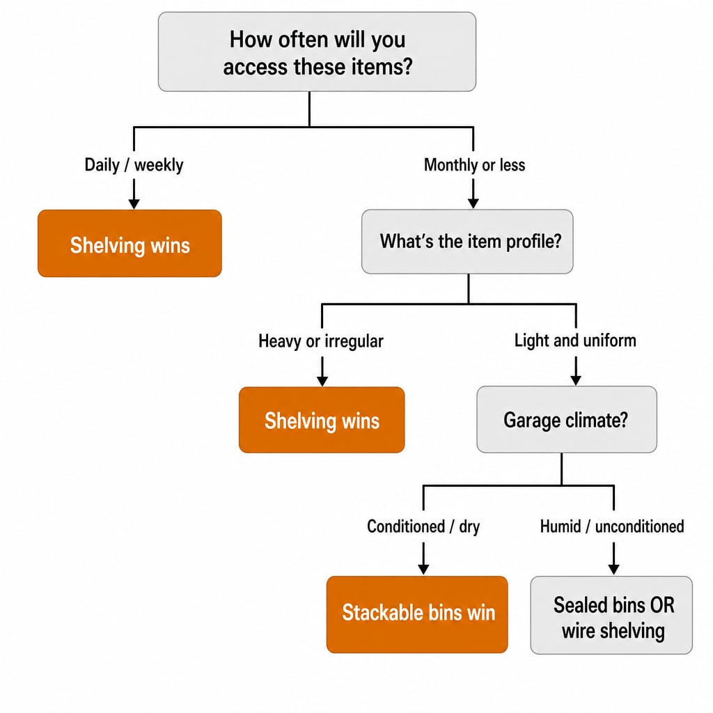 Decision tree for choosing stackable bins or shelving based on access frequency, item shape and weight, and garage climate