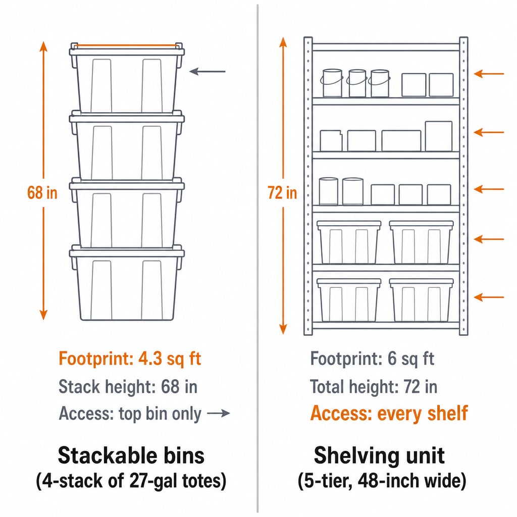 Side-by-side comparison showing a 4-stack of 27-gallon totes (68 inches tall) and a 5-tier shelving unit (72 inches tall) with key measurements labeled