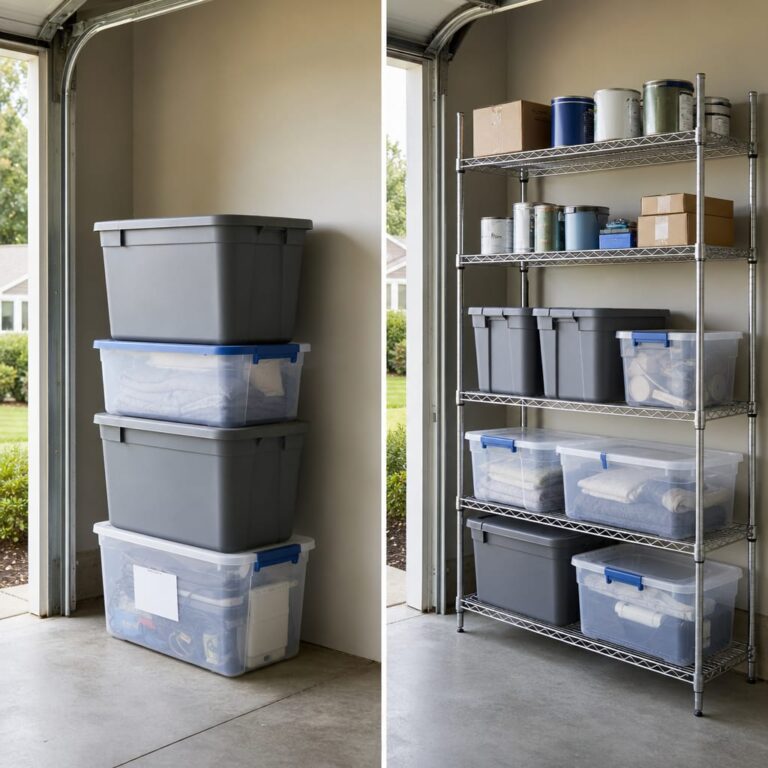 Split-frame view of a residential garage corner, left side shows stacked plastic storage bins, right side shows a 5-tier steel wire shelving unit with totes and paint cans