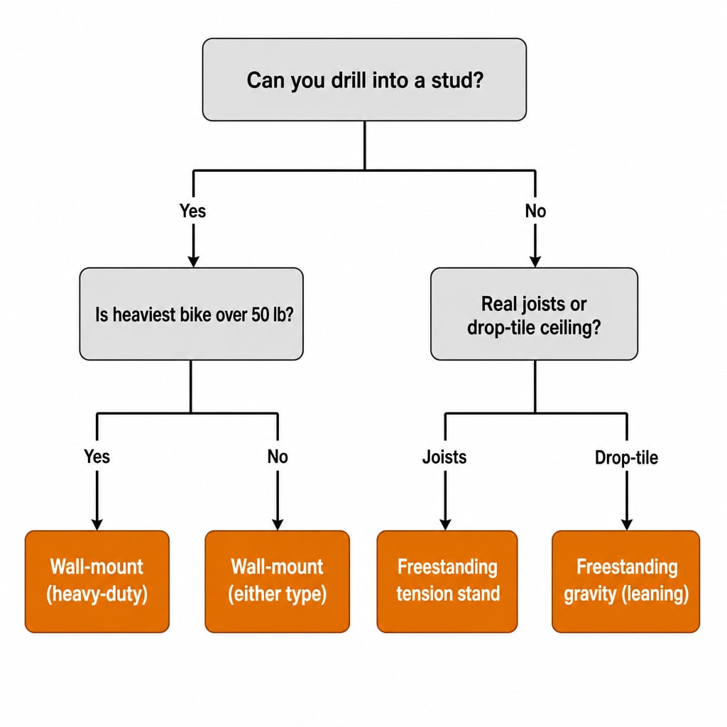 Decision tree starting with Can you drill into a stud?, branching to wall-mount or freestanding by ceiling type and bike weight