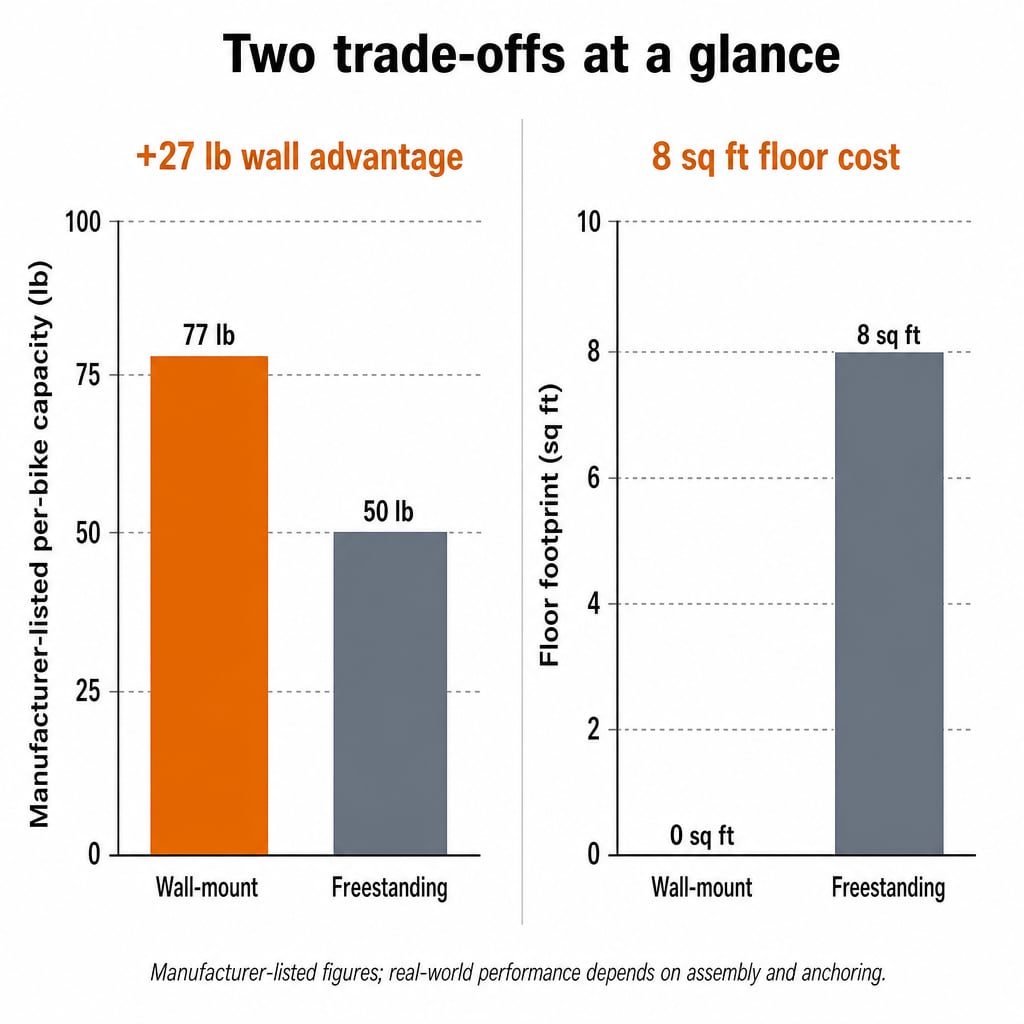 Side-by-side bar comparison: wall-mount manufacturer-listed per-bike capacity 77 lb vs freestanding gravity 50 lb per bike, and floor footprint zero vs about 2 by 4 feet