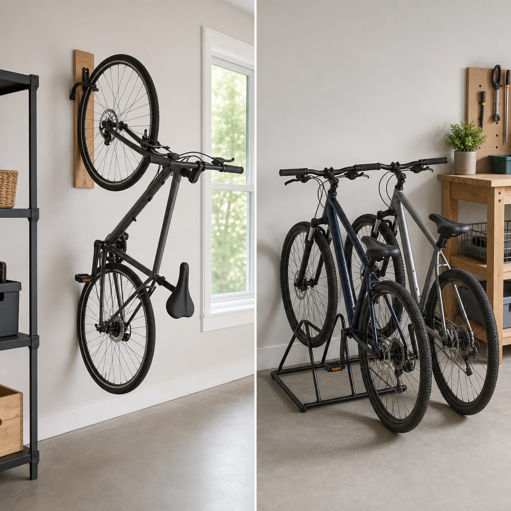 Split-frame comparison: a wall-mounted bike rack on the left and a freestanding floor rack on the right in a clean residential garage