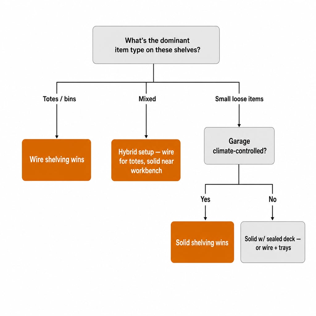 Decision tree for choosing wire or solid garage shelving based on item type, garage climate, and work surface need
