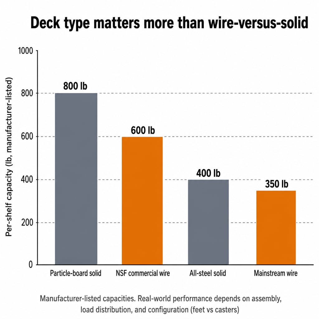 Bar chart comparing manufacturer-listed per-shelf capacity for NSF commercial wire (600 lb), all-steel solid (400 lb), particle-board solid (800 lb), and mainstream wire (350 lb)