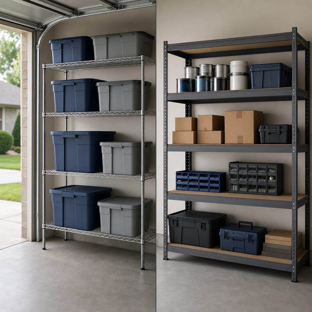 Split-frame view of a residential garage wall, left side shows open wire shelving with plastic storage totes, right side shows solid steel shelving with paint cans and hardware boxes