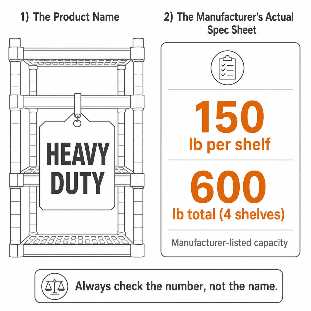 Comparison of a 'Heavy Duty' label vs. its listed capacity: 150 lb/shelf, 600 lb total