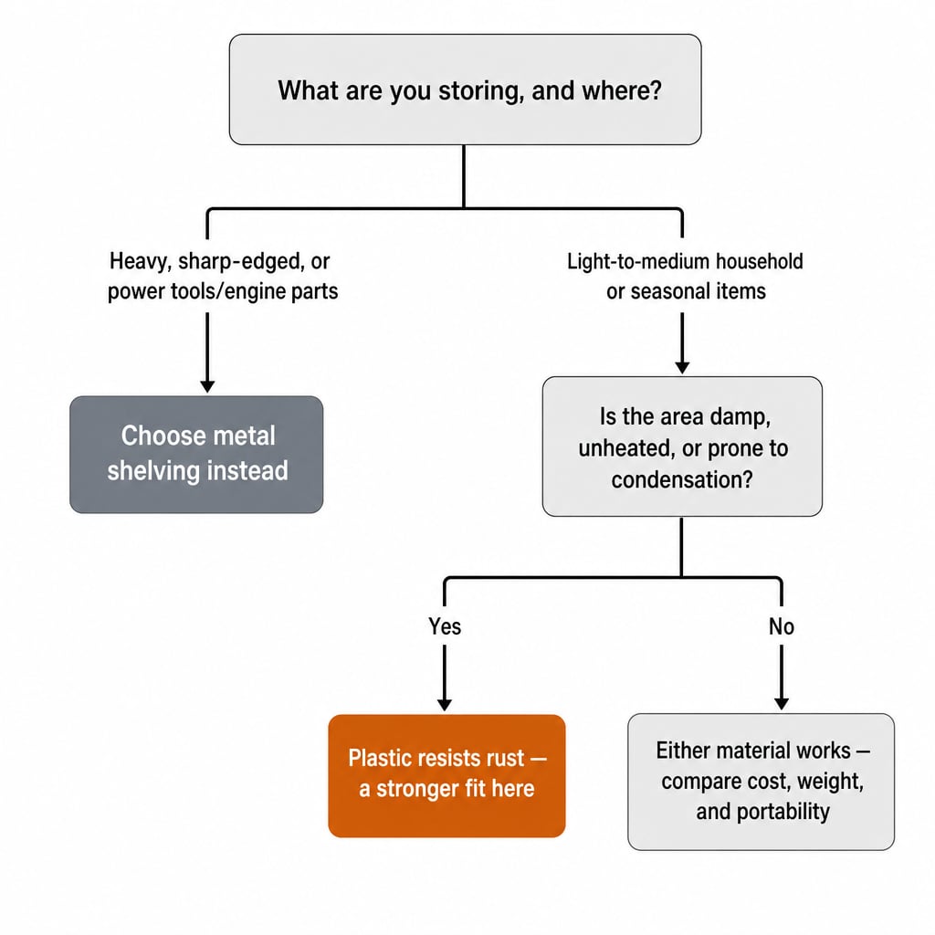 Decision tree for choosing plastic vs. metal garage shelving based on load type and moisture exposure