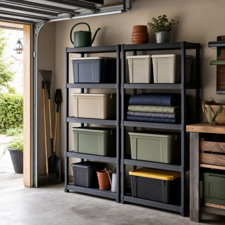 Organized garage corner with light plastic shelving holding stacked storage bins and seasonal items in daylight