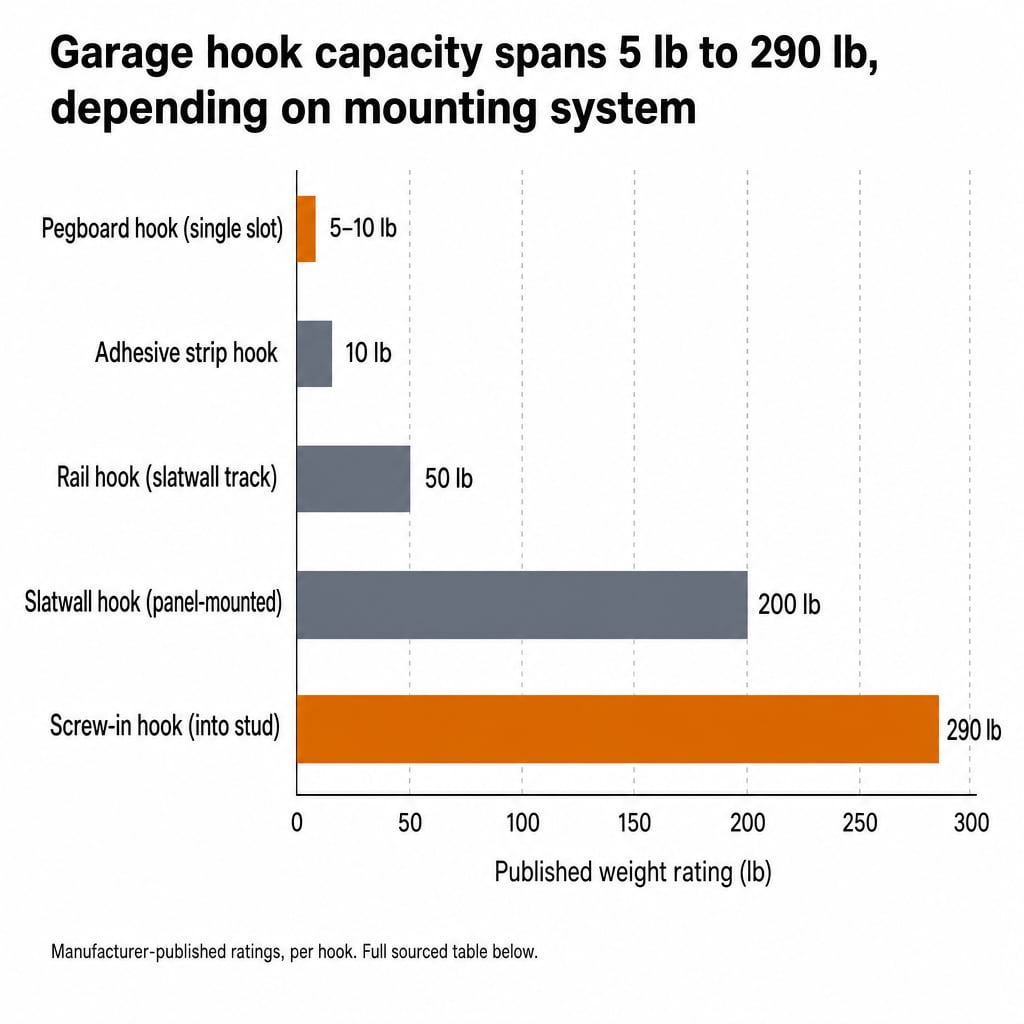 Bar chart of garage hook ratings by mount: pegboard 5–10 lb, adhesive 10 lb, rail 50 lb, slatwall 200 lb, screw-in 290 lb