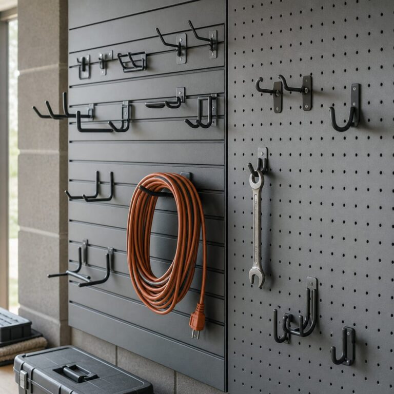 Close-up of varied metal hooks mounted on garage pegboard and slatwall panels, holding a coiled cord and a hand tool