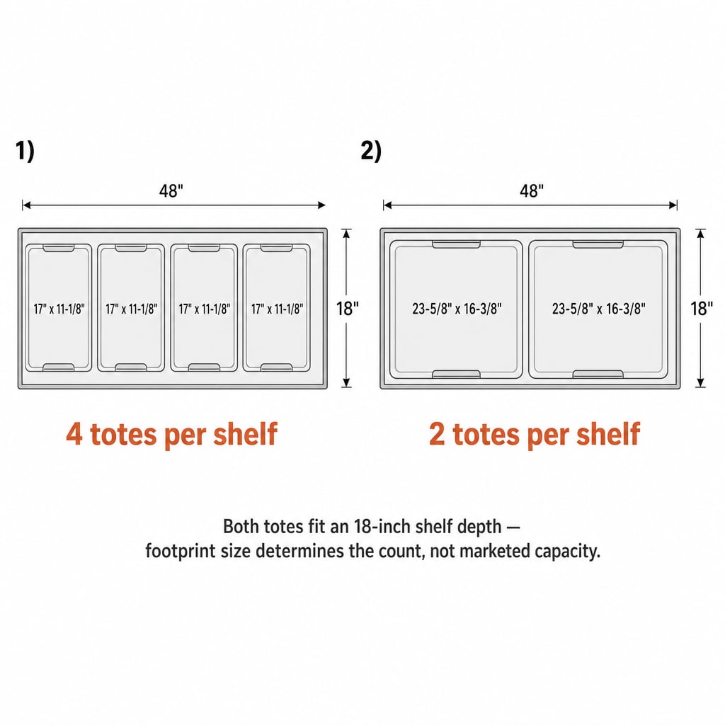 27-quart tote (17x11⅛in) fits 4 per 18in shelf; 66-quart tote (23⅝x16⅜in) fits only 2, same shelf