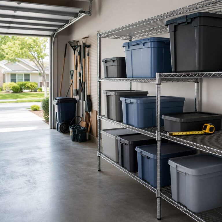 Organized garage with wire shelving holding stacked storage totes of varying sizes, a tape measure on the shelf edge