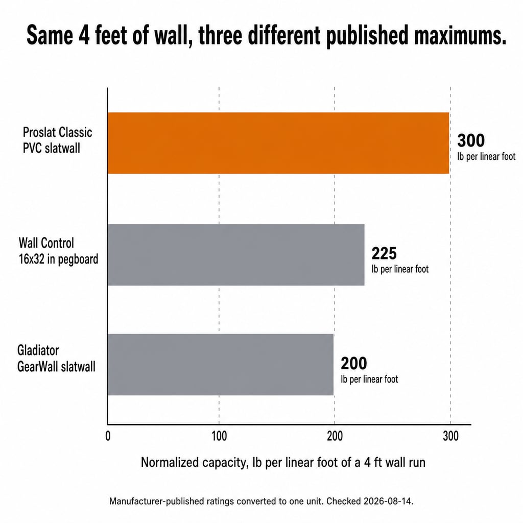 Bar chart: Proslat PVC slatwall 300 lb, Wall Control pegboard 225 lb, Gladiator GearWall slatwall 200 lb per linear foot