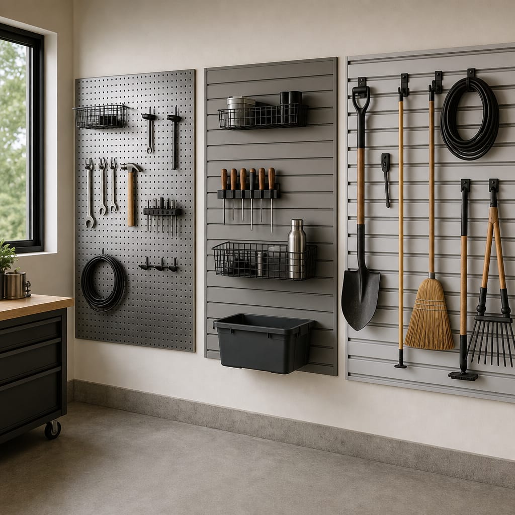 Garage wall with pegboard, slatwall, and rail storage panels mounted side by side in neutral daylight
