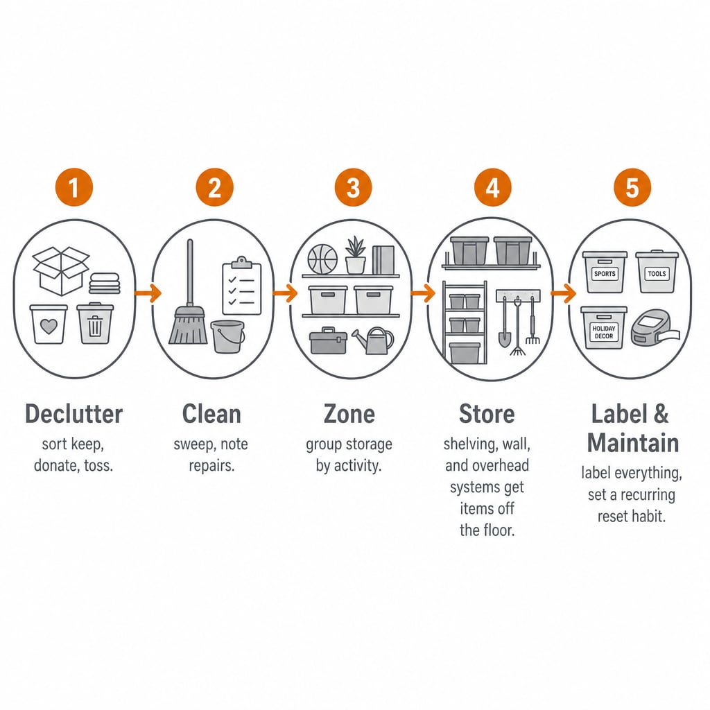 Five-step garage organizing process: Declutter, Clean, Zone, Store, Label and Maintain, left to right