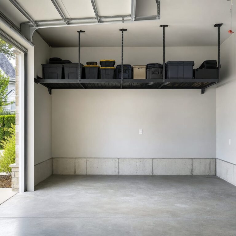 Overhead ceiling-mounted storage rack installed in a garage, showing open clearance space between the rack and the floor